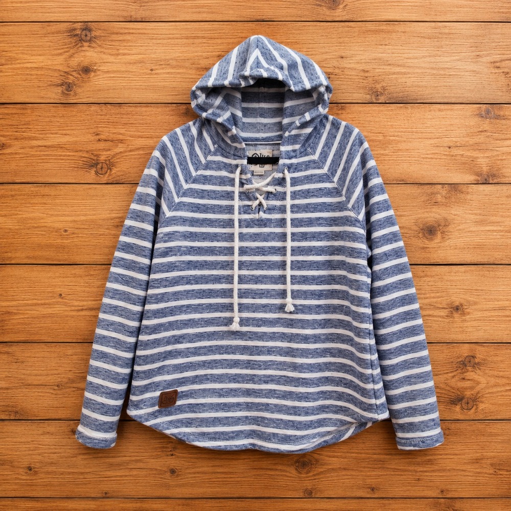 Striped Hoodie Cotton Lace Up Pullover Navy Cream